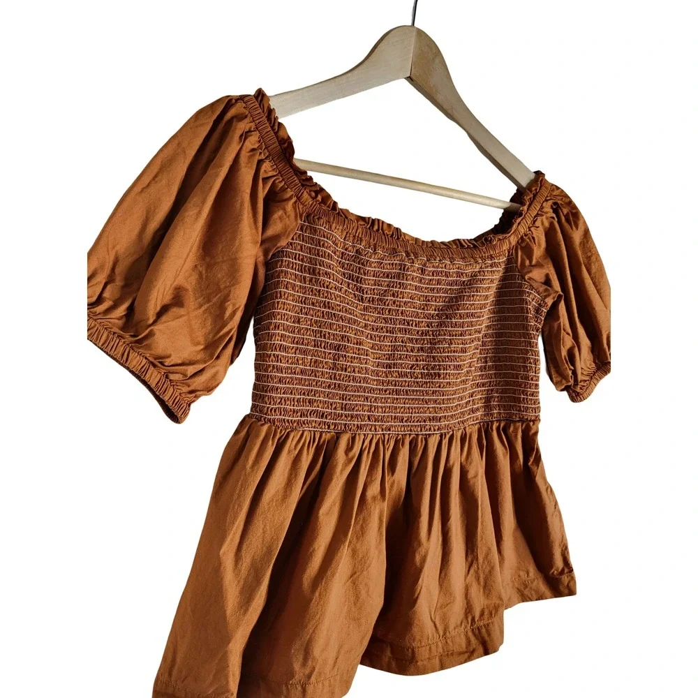 Old Navy Rust Brown Smocked Peplum Puff Sleeve Top Square Neck Medium